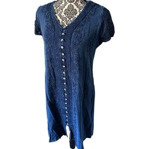 Coline Dark Blue Chambray-like Button Down Short Dress